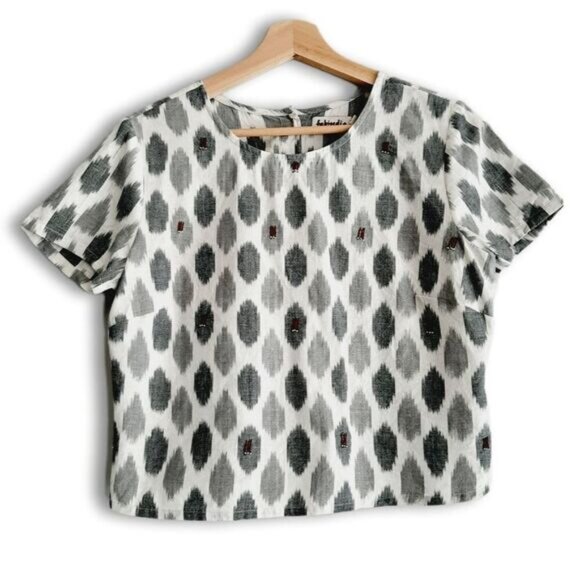 FABINDIA | 100% Cotton Boxy Bead Embroidered Ikat Crop Top Gray Sz M - Picture 2 of 13